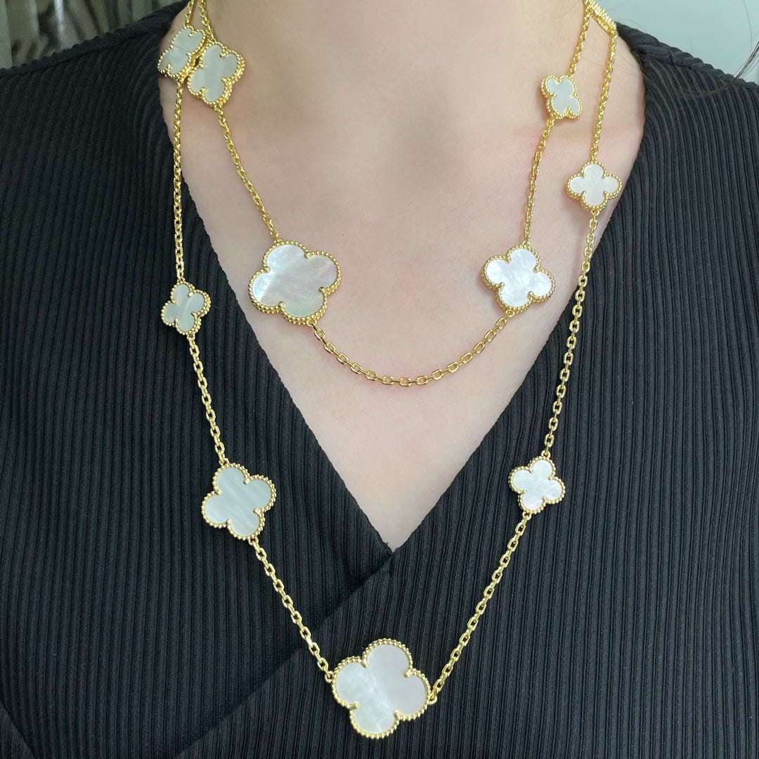 [Aurelle Style]CLOVER 16 MOTIF WHITE MOP GOLD NECKLACE