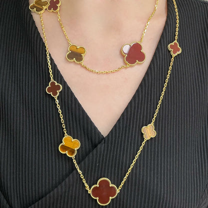 [Aurelle Style]CLOVER 16 MOTIF CARNELIAN TIGER EYE ROSE GOLD NECKLACE