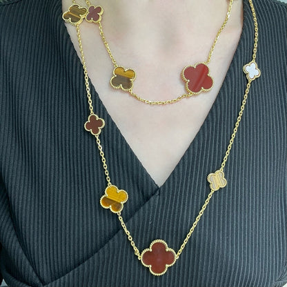 [Aurelle Style]CLOVER 16 MOTIF CARNELIAN TIGER EYE ROSE GOLD NECKLACE