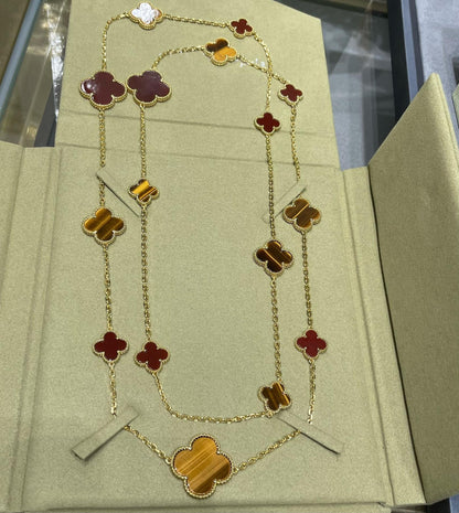 [Aurelle Style]CLOVER 16 MOTIF CARNELIAN TIGER EYE ROSE GOLD NECKLACE