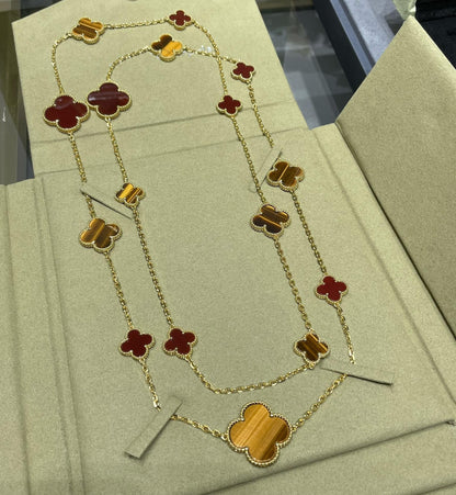 [Aurelle Style]CLOVER 16 MOTIF CARNELIAN TIGER EYE ROSE GOLD NECKLACE