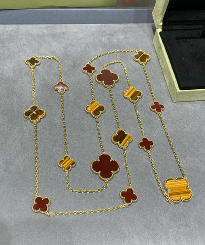 [Aurelle Style]CLOVER 16 MOTIF CARNELIAN TIGER EYE ROSE GOLD NECKLACE