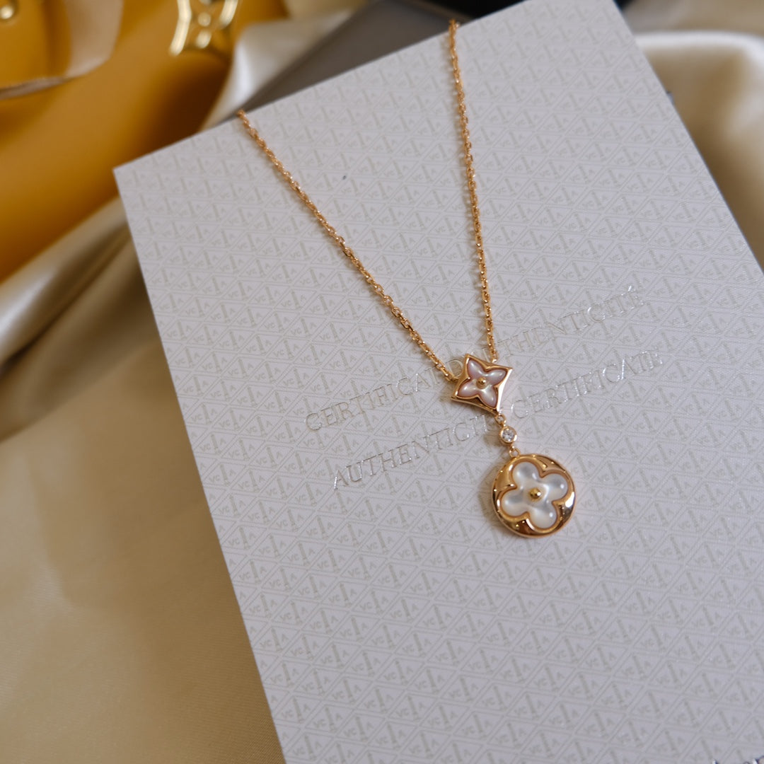 [Aurelle Style]STAR AND SUN WHITE MOP 2 MOTIF PINK GOLD NECKLACE