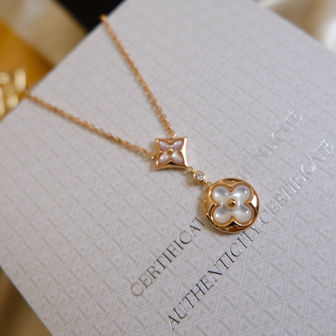 [Aurelle Style]STAR AND SUN WHITE MOP 2 MOTIF PINK GOLD NECKLACE