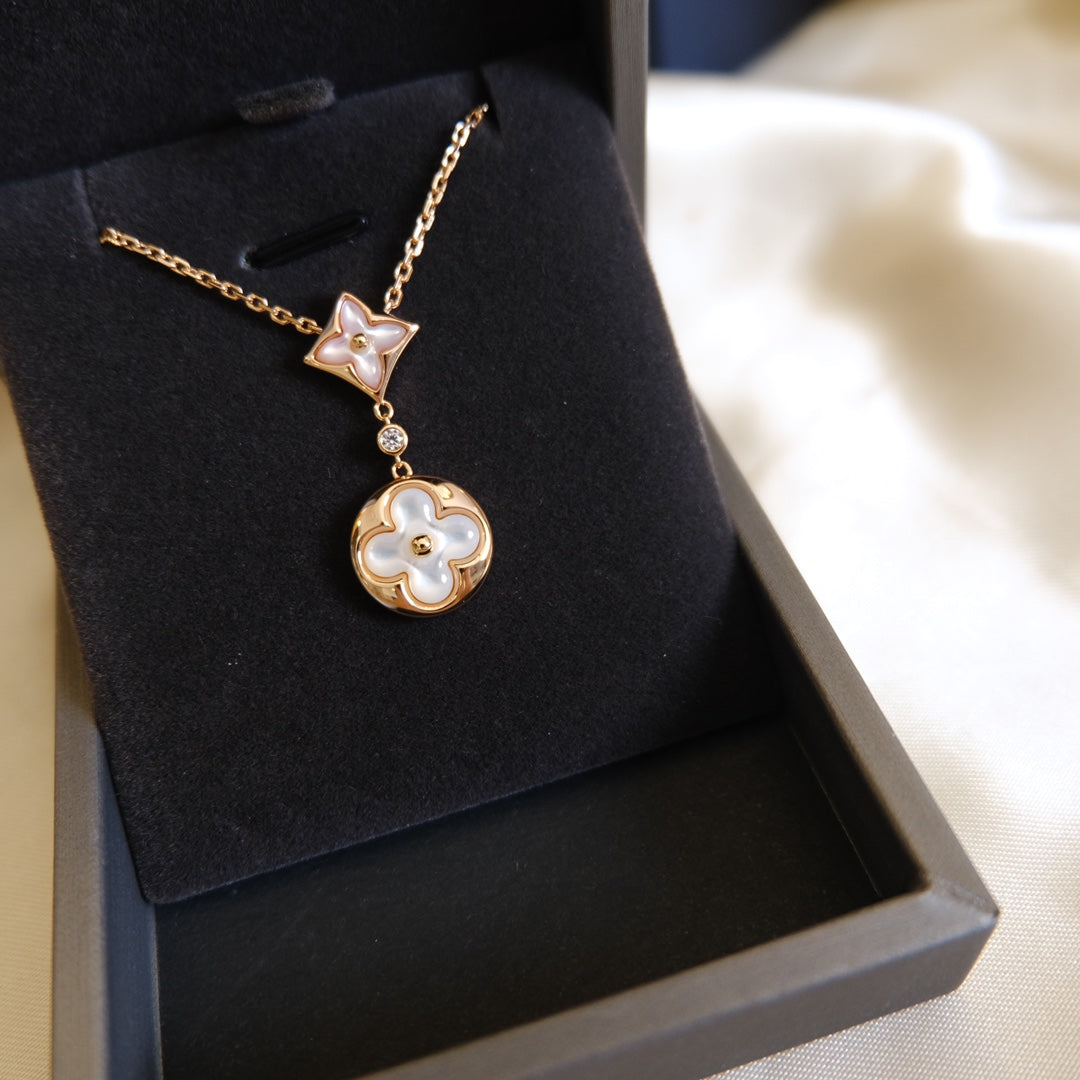 [Aurelle Style]STAR AND SUN WHITE MOP 2 MOTIF PINK GOLD NECKLACE