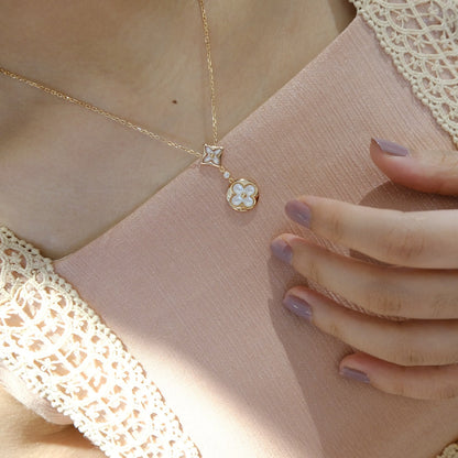 [Aurelle Style]STAR AND SUN WHITE MOP 2 MOTIF PINK GOLD NECKLACE