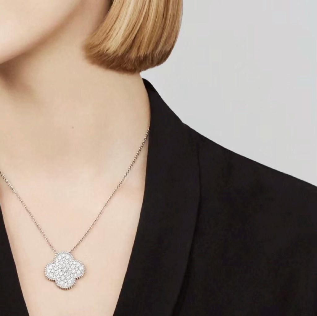 [Aurelle Style]CLOVER 25MM LARGE PENDANT DIAMOND PAVED SILVER NECKLACE
