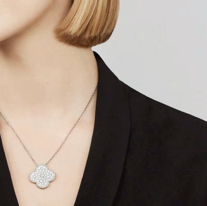 [Aurelle Style]CLOVER 25MM LARGE PENDANT DIAMOND PAVED SILVER NECKLACE