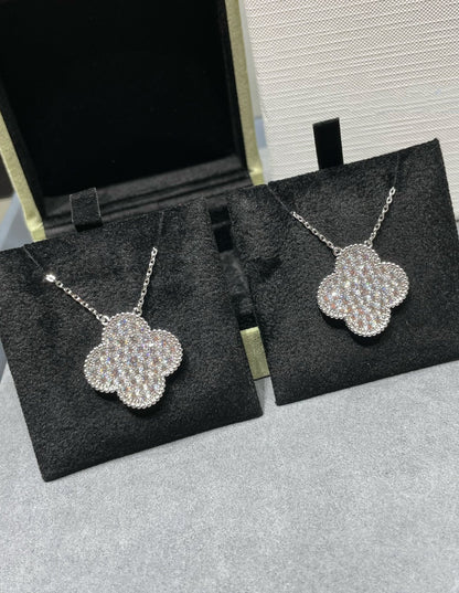 [Aurelle Style]CLOVER 25MM LARGE PENDANT DIAMOND PAVED SILVER NECKLACE