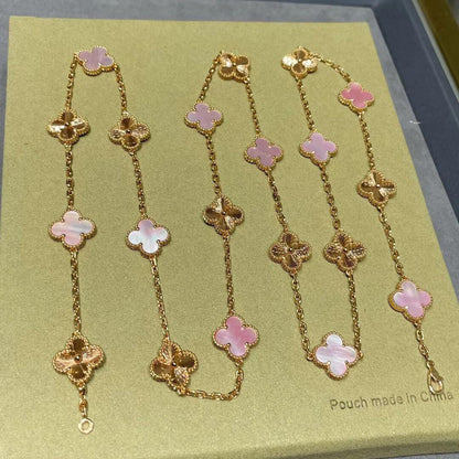 [Aurelle Style]CLOVER 20 MOTIFS LASER PINK MOP NECKLACE