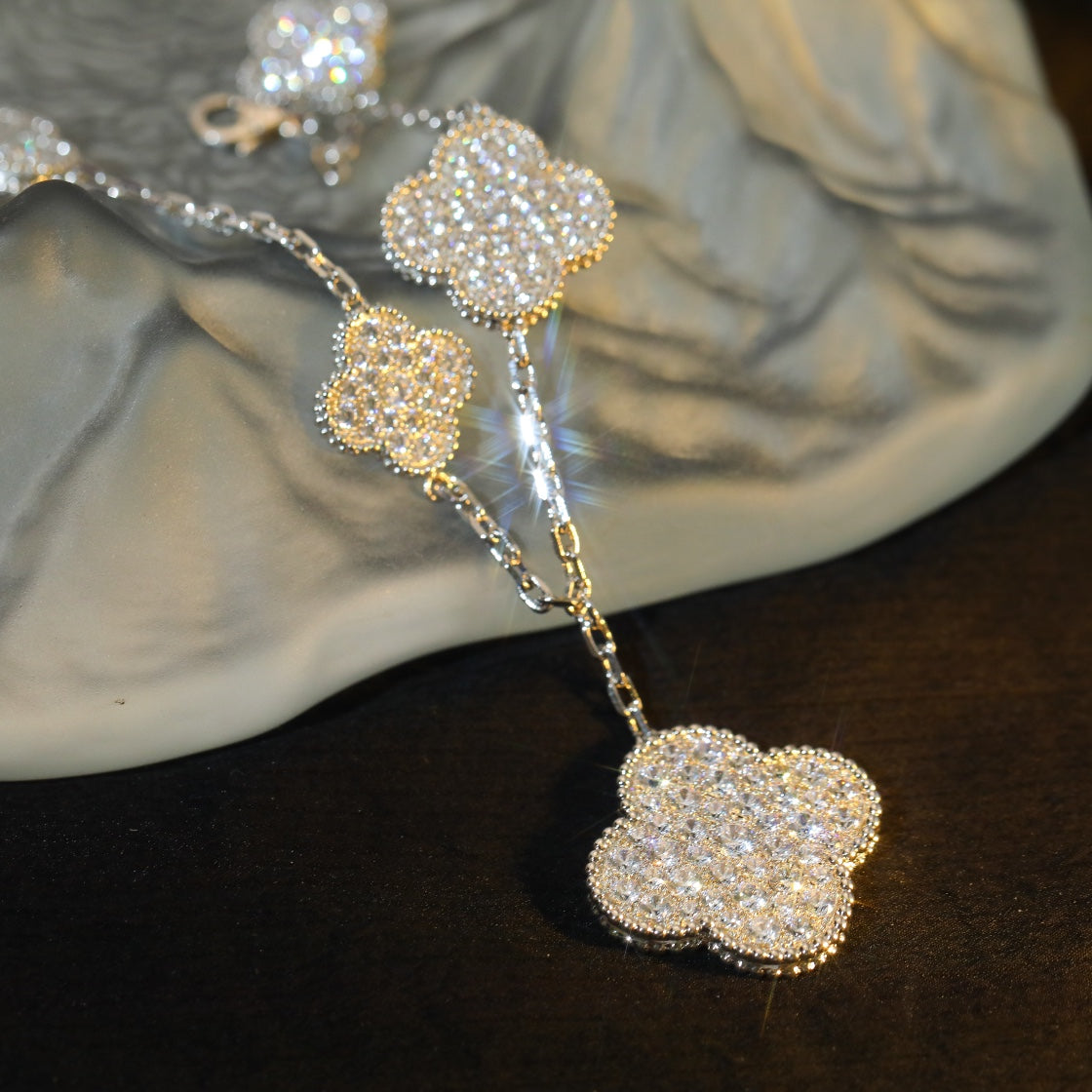 [Aurelle Style]CLOVER BRACELET 5 MOTIF SILVER DIAMOND PAVED