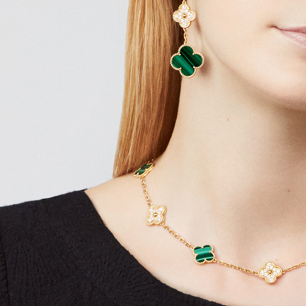 [Aurelle Style]CLOVER 10 MOTIFS MALACHITE DIAMOND NECKLACE