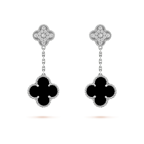 [TOP]CLOVER 2 MOTIFS  DIAMOND ONYX EARRINGS SILVER
