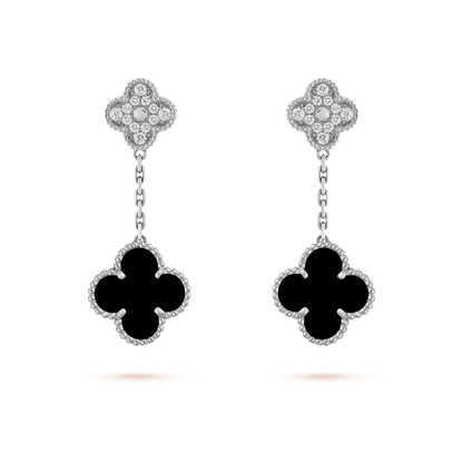 [Aurelle Style]CLOVER 2 MOTIFS  DIAMOND ONYX EARRINGS SILVER