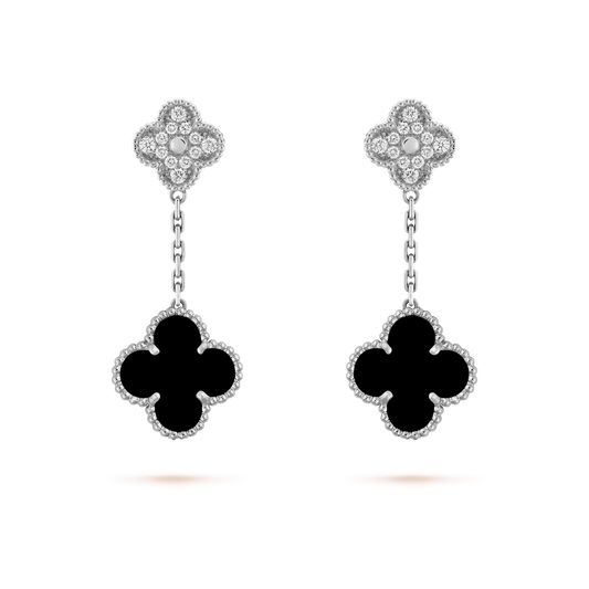[Aurelle Style]CLOVER 2 MOTIFS  DIAMOND ONYX EARRINGS SILVER