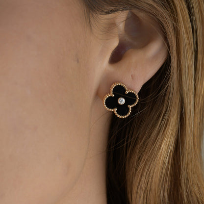 [Aurelle Style]CLOVER MEDIUM 1 MOTIFS ONYX DIAMOND EARRINGS