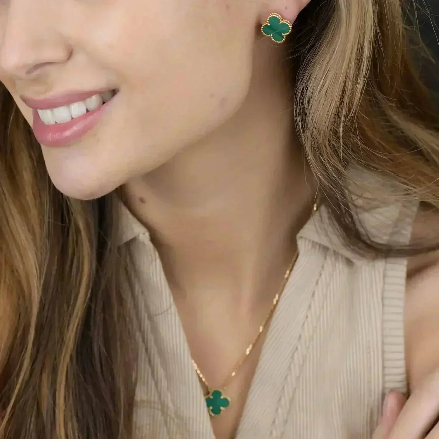 [Aurelle Style]CLOVER MINI 9.5MM MALACHITE  EARRINGS