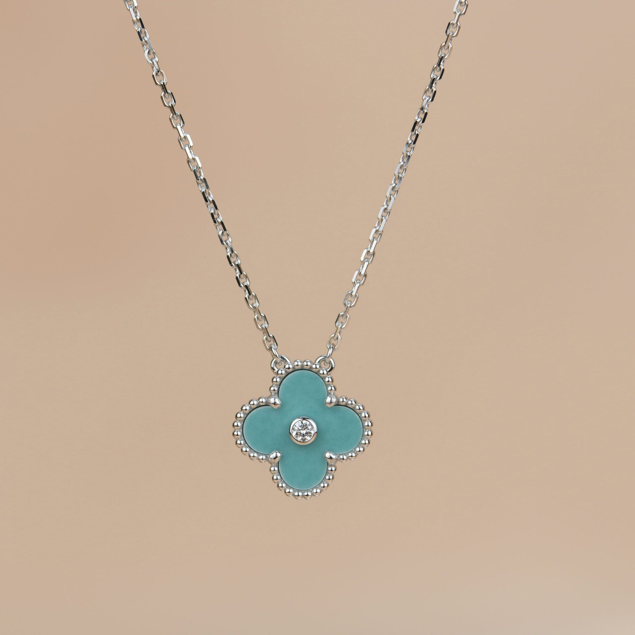 [Aurelle Style]CLOVER 15MM DIAMOND SVRES PORCELAIN  NECKLACE SILVER
