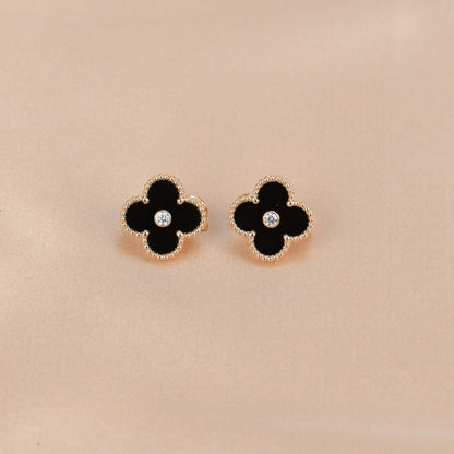 [Aurelle Style]CLOVER MEDIUM 1 MOTIFS ONYX DIAMOND EARRINGS