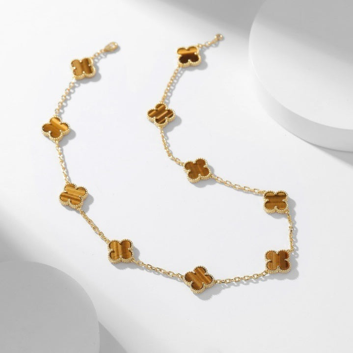 [Aurelle Style]CLOVER 10 MOTIFS TIGER EYE NECKLACE