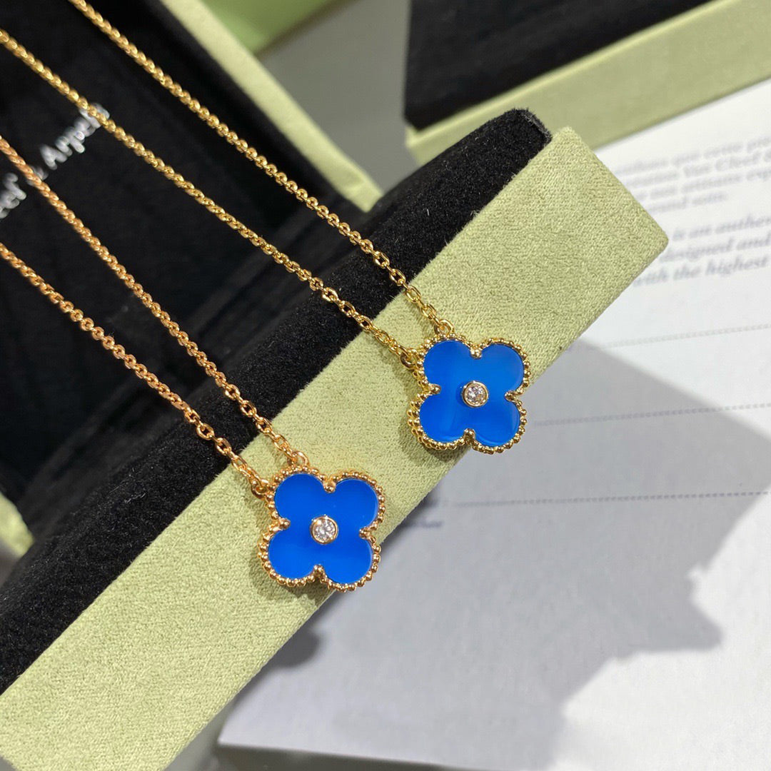 [Aurelle Style]CLOVER 15MM DIAMOND AND BLUE AGATE NECKLACE