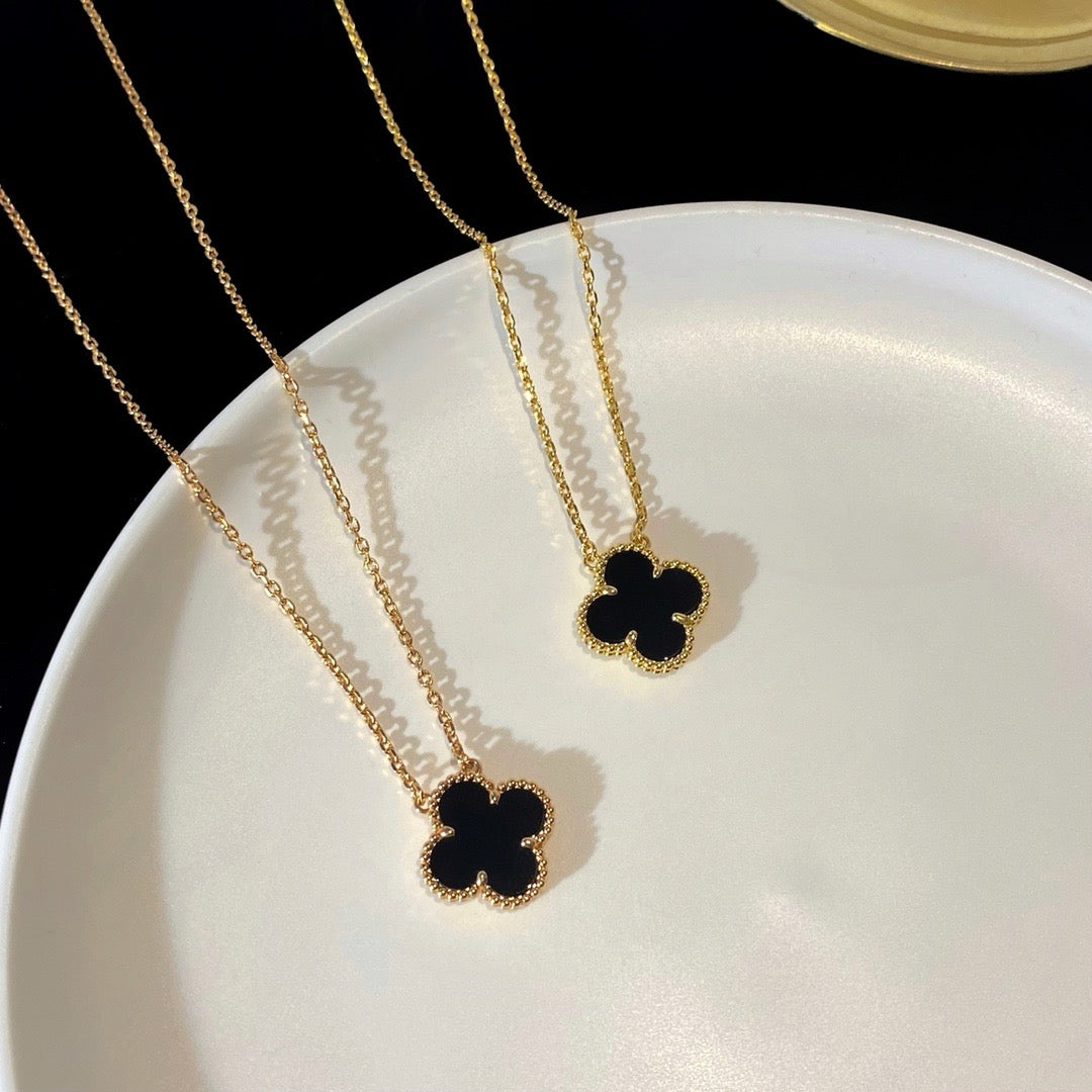 [Aurelle Style]CLOVER 15MM BLACK ONYX SINGLE FLOWER NECKLACE