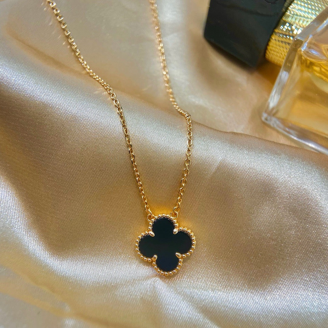 [Aurelle Style]CLOVER 15MM BLACK ONYX SINGLE FLOWER NECKLACE