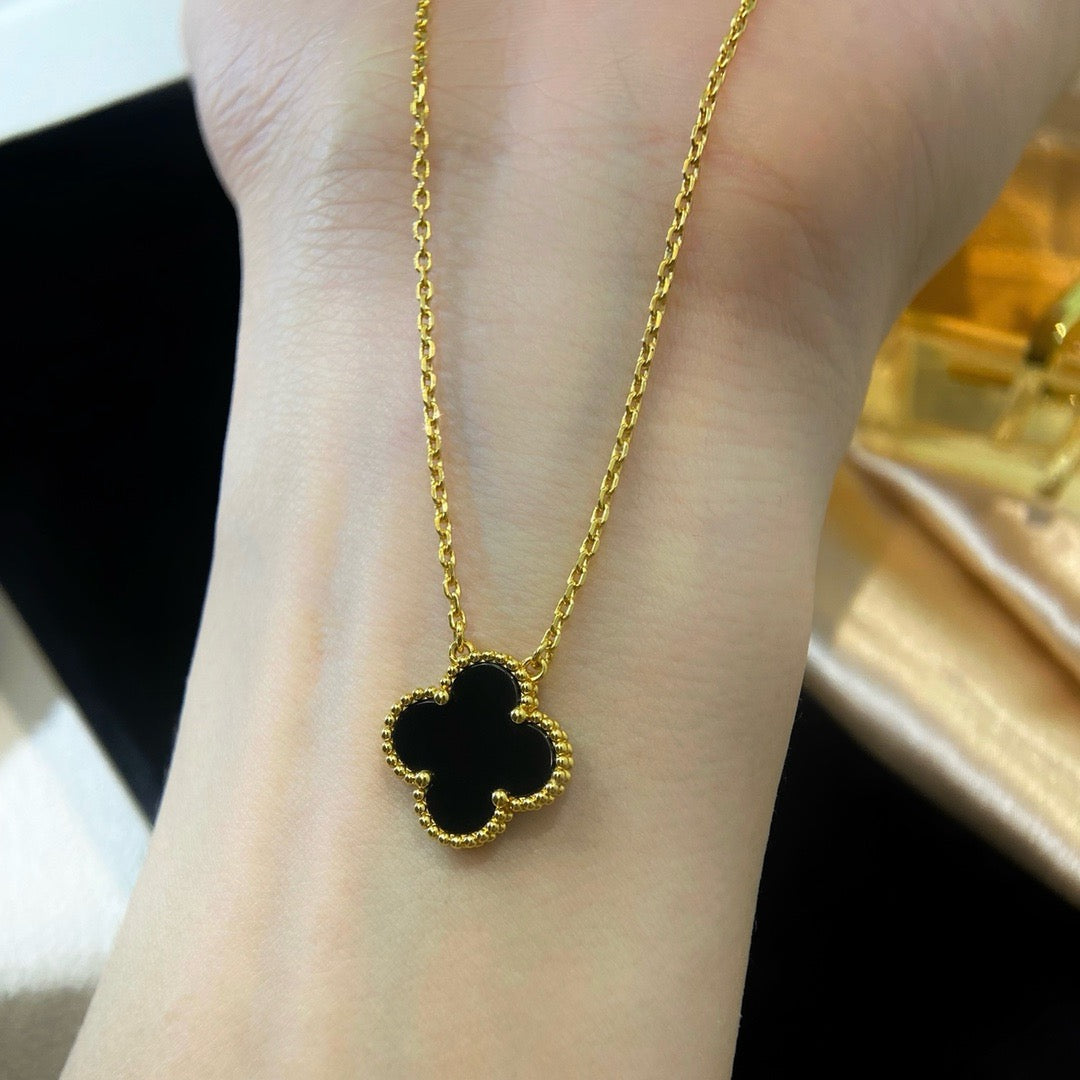 [Aurelle Style]CLOVER 15MM BLACK ONYX SINGLE FLOWER NECKLACE