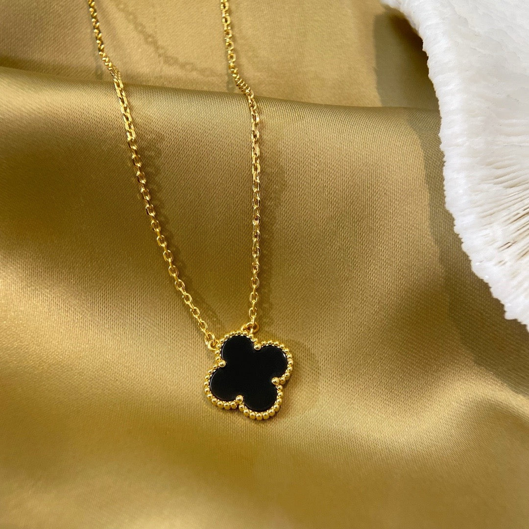 [Aurelle Style]CLOVER 15MM BLACK ONYX SINGLE FLOWER NECKLACE