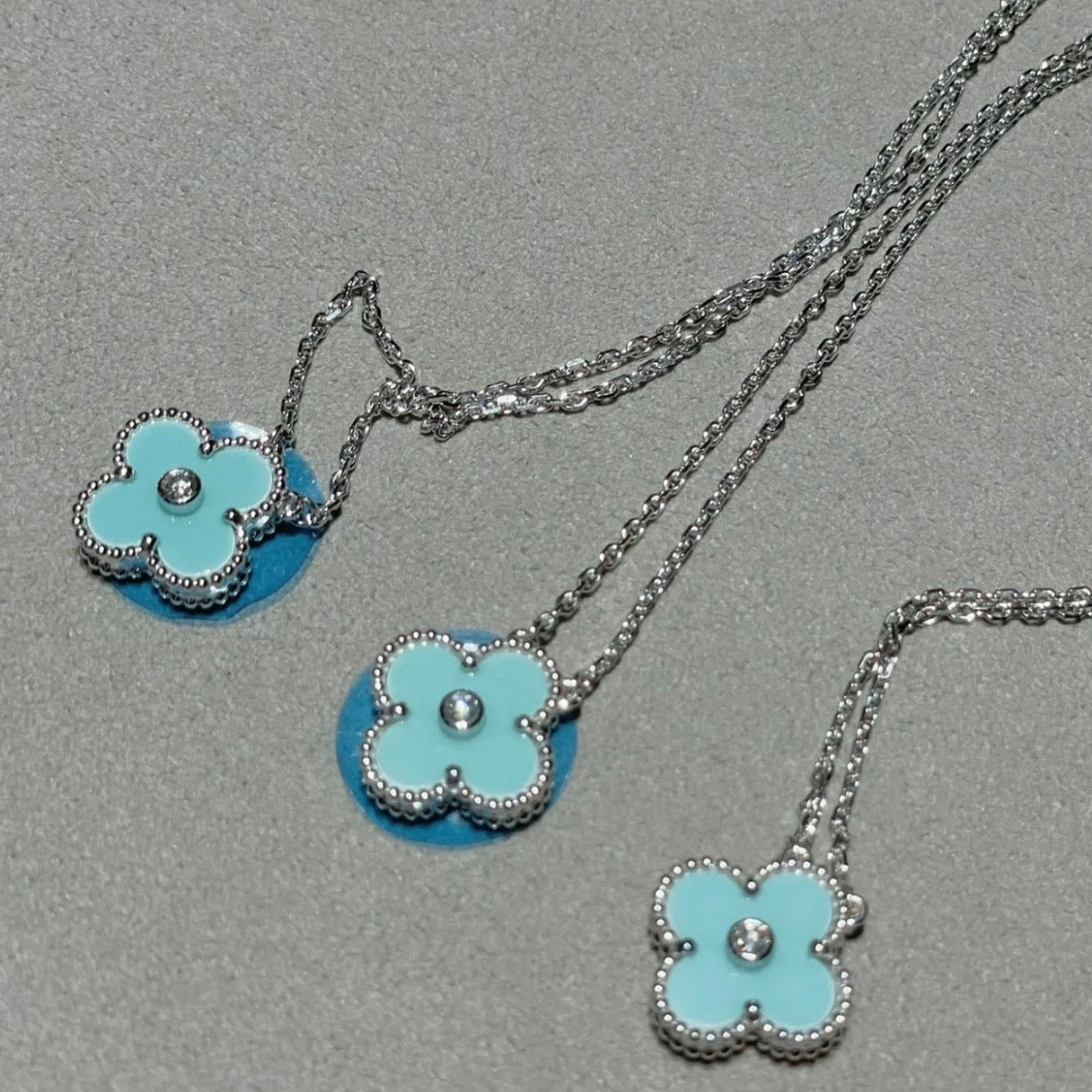 [Aurelle Style]CLOVER 1 DIAMOND LIGHT BLUE SILVER NECKLACE