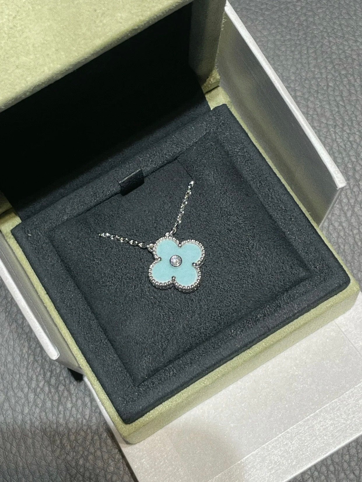 [Aurelle Style]CLOVER 1 DIAMOND LIGHT BLUE SILVER NECKLACE
