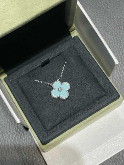 [Aurelle Style]CLOVER 1 DIAMOND LIGHT BLUE SILVER NECKLACE