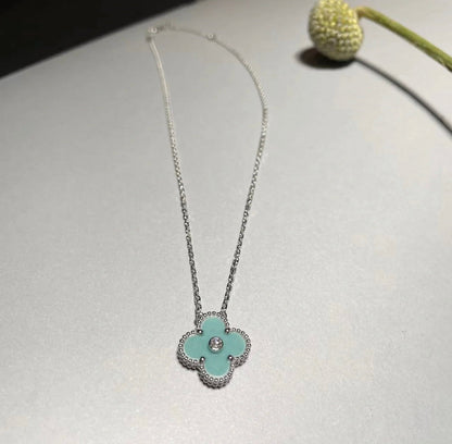 [Aurelle Style]CLOVER 1 DIAMOND LIGHT BLUE SILVER NECKLACE
