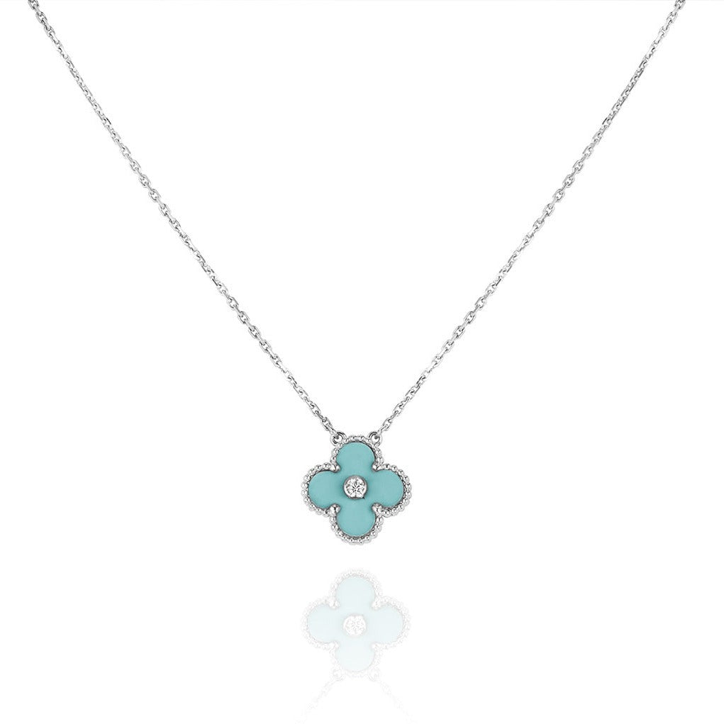 [Aurelle Style]CLOVER 1 DIAMOND LIGHT BLUE SILVER NECKLACE
