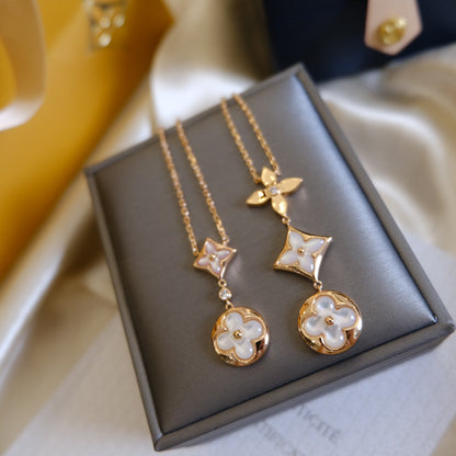 [Aurelle Style]COLOR BLOSSOM LARIAT NECKLACE PINK GOLD WHITE MOTHER PEARL AND DIAMOND