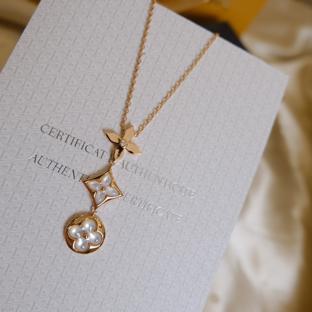 [Aurelle Style]COLOR BLOSSOM LARIAT NECKLACE PINK GOLD WHITE MOTHER PEARL AND DIAMOND