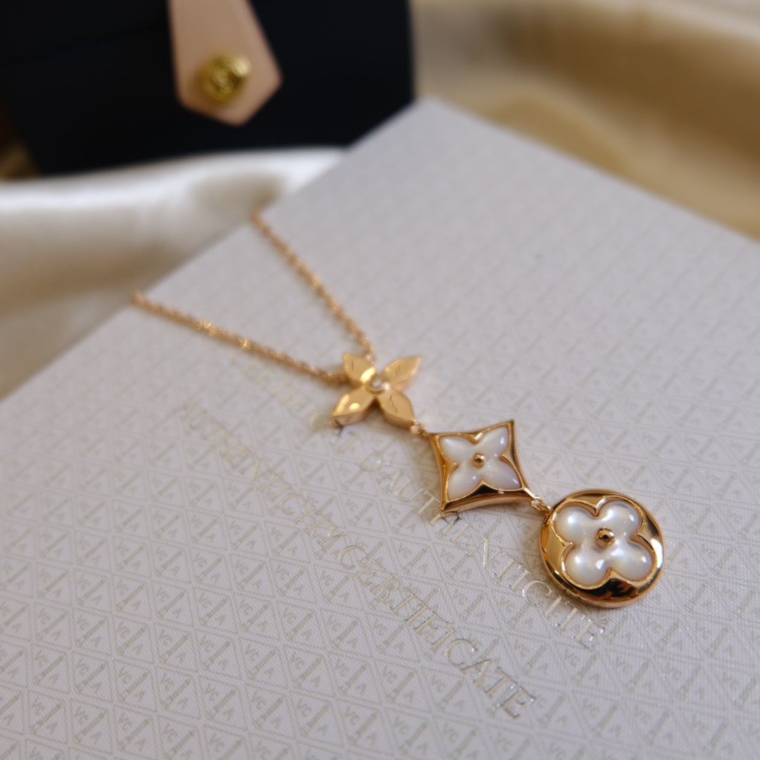 [Aurelle Style]COLOR BLOSSOM LARIAT NECKLACE PINK GOLD WHITE MOTHER PEARL AND DIAMOND