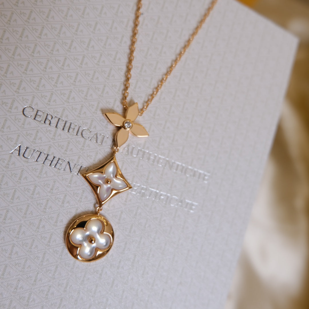 [Aurelle Style]COLOR BLOSSOM LARIAT NECKLACE PINK GOLD WHITE MOTHER PEARL AND DIAMOND