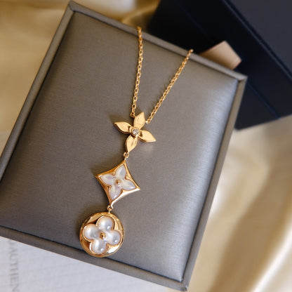 [Aurelle Style]COLOR BLOSSOM LARIAT NECKLACE PINK GOLD WHITE MOTHER PEARL AND DIAMOND
