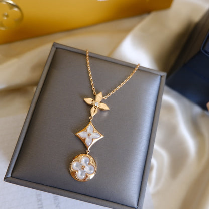 [Aurelle Style]COLOR BLOSSOM LARIAT NECKLACE PINK GOLD WHITE MOTHER PEARL AND DIAMOND