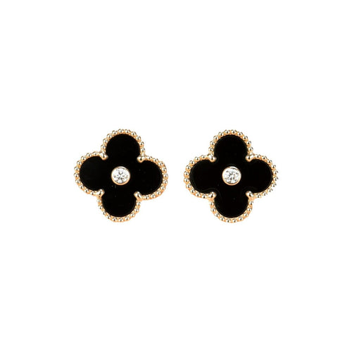 [Aurelle Style]CLOVER MEDIUM 1 MOTIFS ONYX DIAMOND EARRINGS