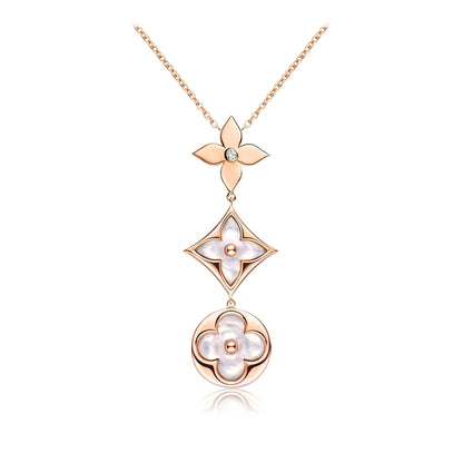 [Aurelle Style]COLOR BLOSSOM LARIAT NECKLACE PINK GOLD WHITE MOTHER PEARL AND DIAMOND