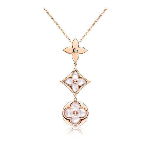 [Aurelle Style]COLOR BLOSSOM LARIAT NECKLACE PINK GOLD WHITE MOTHER PEARL AND DIAMOND