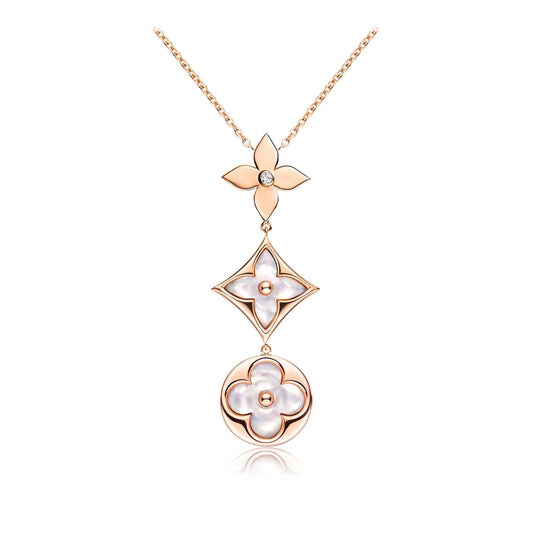 [Aurelle Style]COLOR BLOSSOM LARIAT NECKLACE PINK GOLD WHITE MOTHER PEARL AND DIAMOND