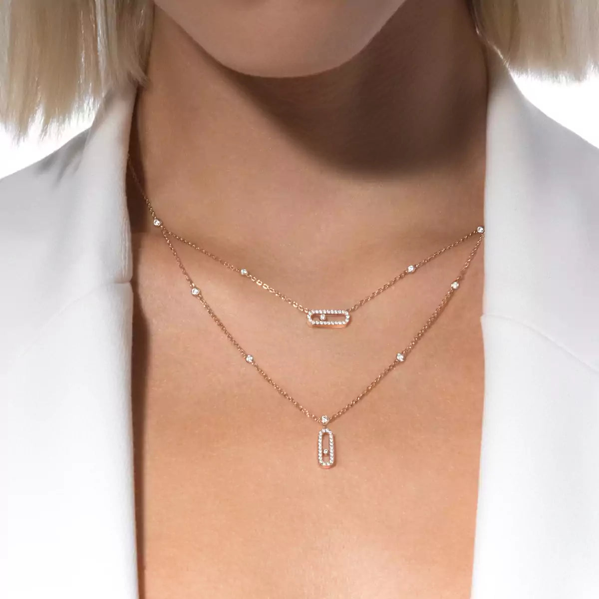 [Aurelle Style]2 Rows Rose Gold Diamond Pave_ Necklace Move Uno
