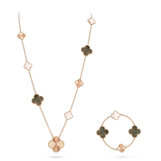 [Aurelle Style]DETACHABLE CLOVER 15(11+4) FLOWER ROSE GOLD NECKLACE SET