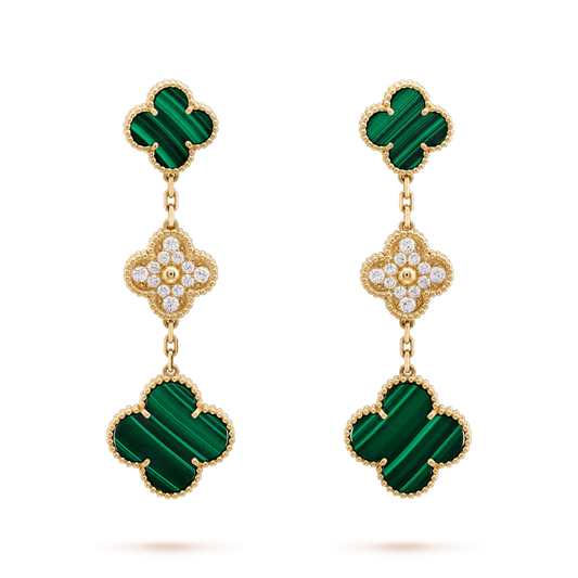 [Aurelle Style]CLOVER EARRINGS GOLD MALACHITE DIAMOND 3 MOTIF