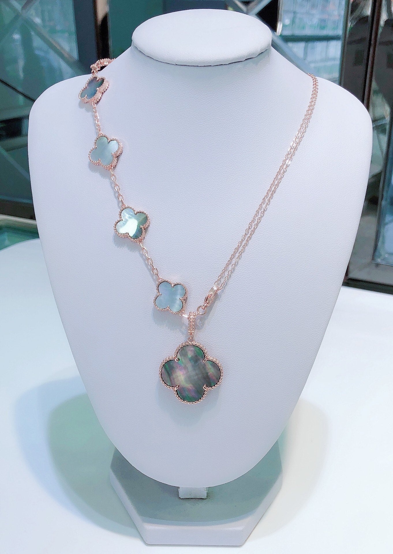 [Aurelle Style]COMBINED BRACELET 5 MOTIFS AND NECKLACE DARK MOP ROSE GOLD