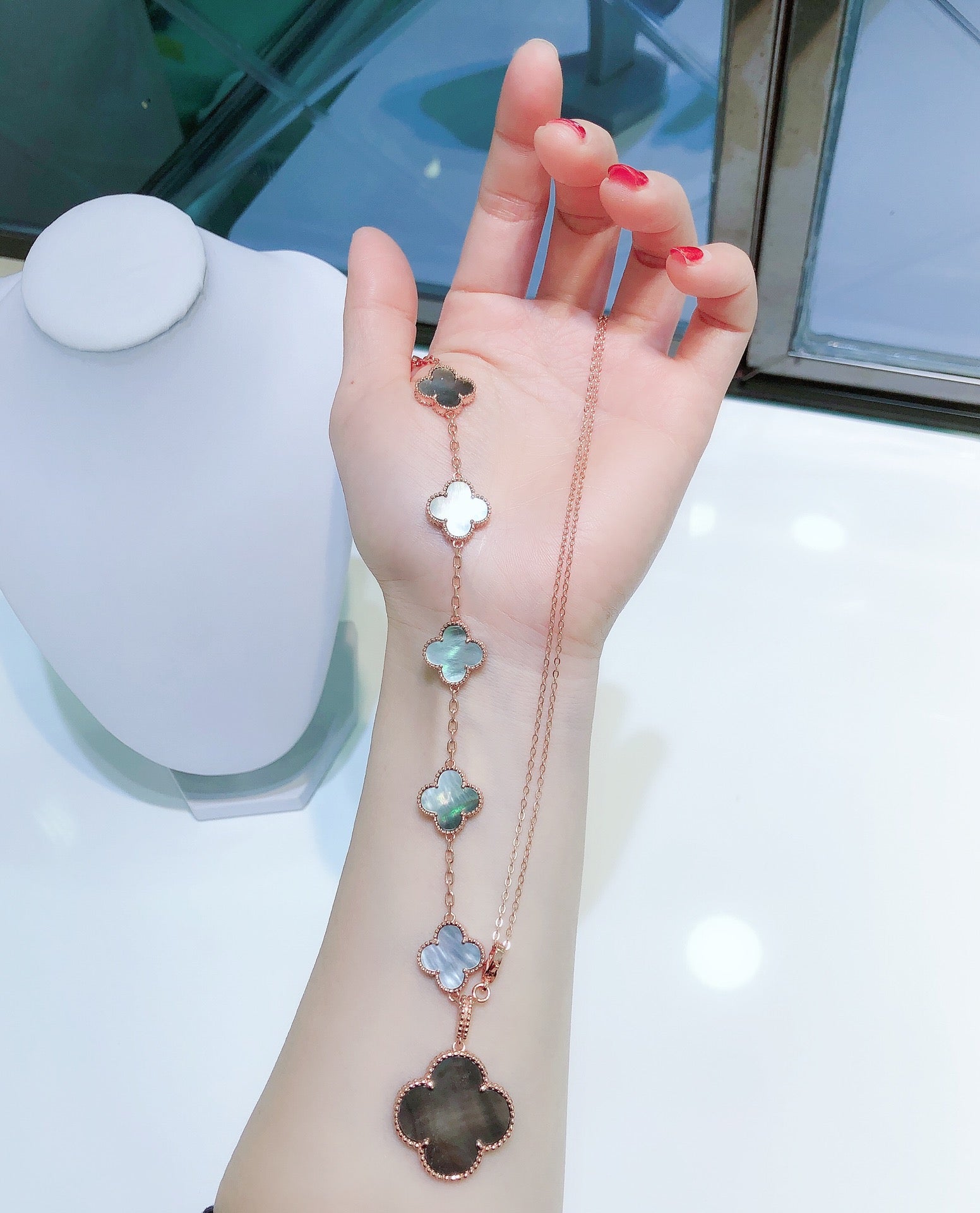[Aurelle Style]COMBINED BRACELET 5 MOTIFS AND NECKLACE DARK MOP ROSE GOLD
