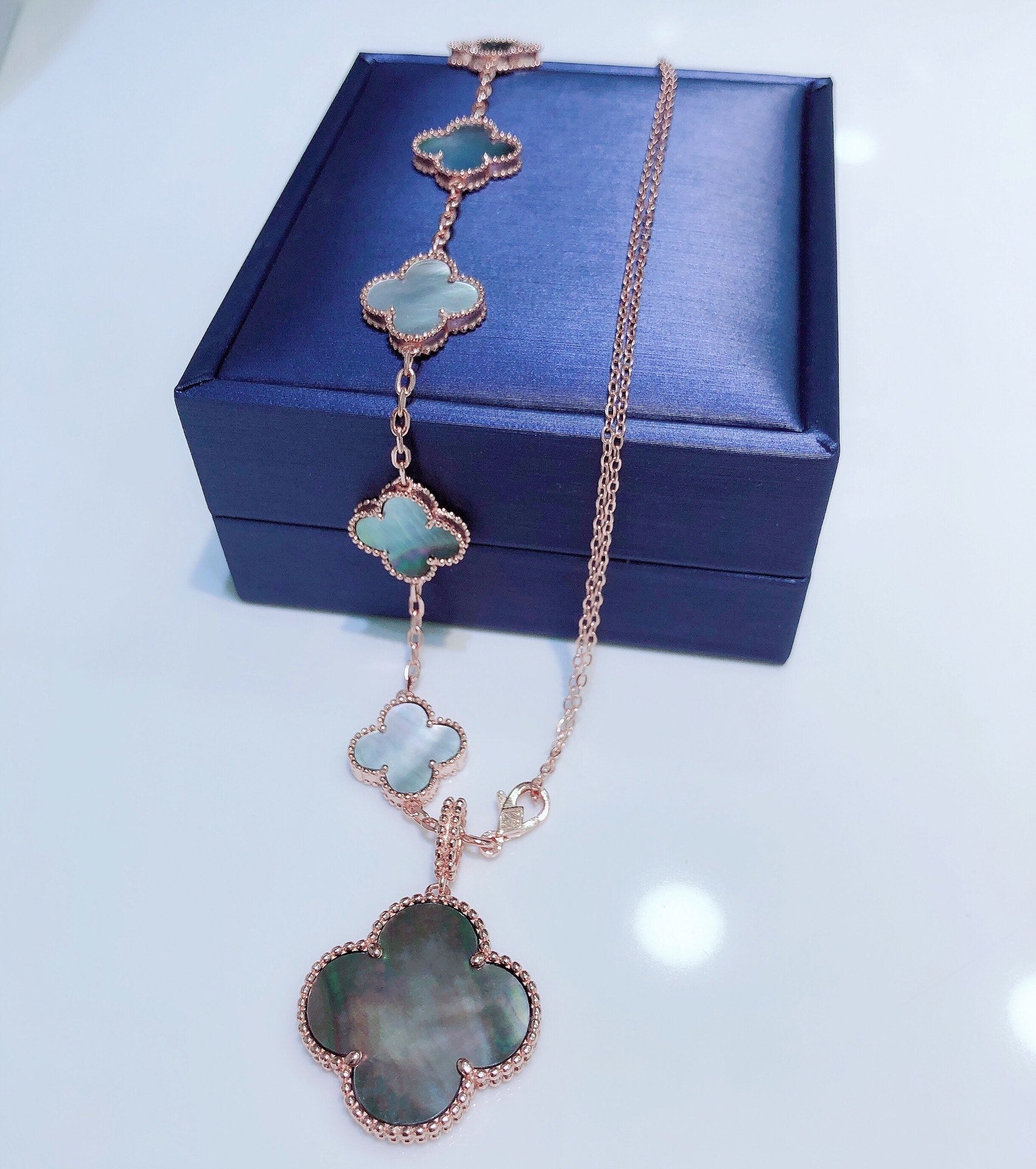 [Aurelle Style]COMBINED BRACELET 5 MOTIFS AND NECKLACE DARK MOP ROSE GOLD